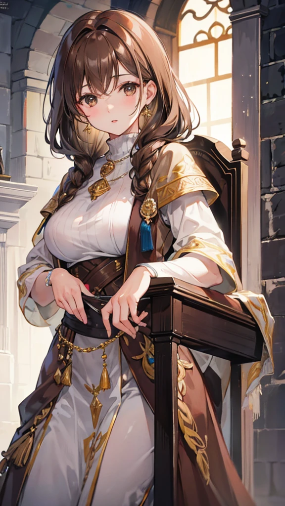 1girl,solo, long straight dark hair, white skin, blush,2000s,masterpiece,ultra-detailed,high resolution,perfect body,detailed long hair,detailed eyes, anime, (illustration:1.0), beautiful fingers, beautiful hands,adorned with jewels,empress,medieval age,authority,dignity,golden throne, jewels,majesty of medieval royalty,grandeur,grand medieval castle with stone walls and tapestries,sitting,Elegant,imperial pink dress, Europe, good smile, moon face, cinematic lighting,small breasts,long skirt,princess,princess dress, 