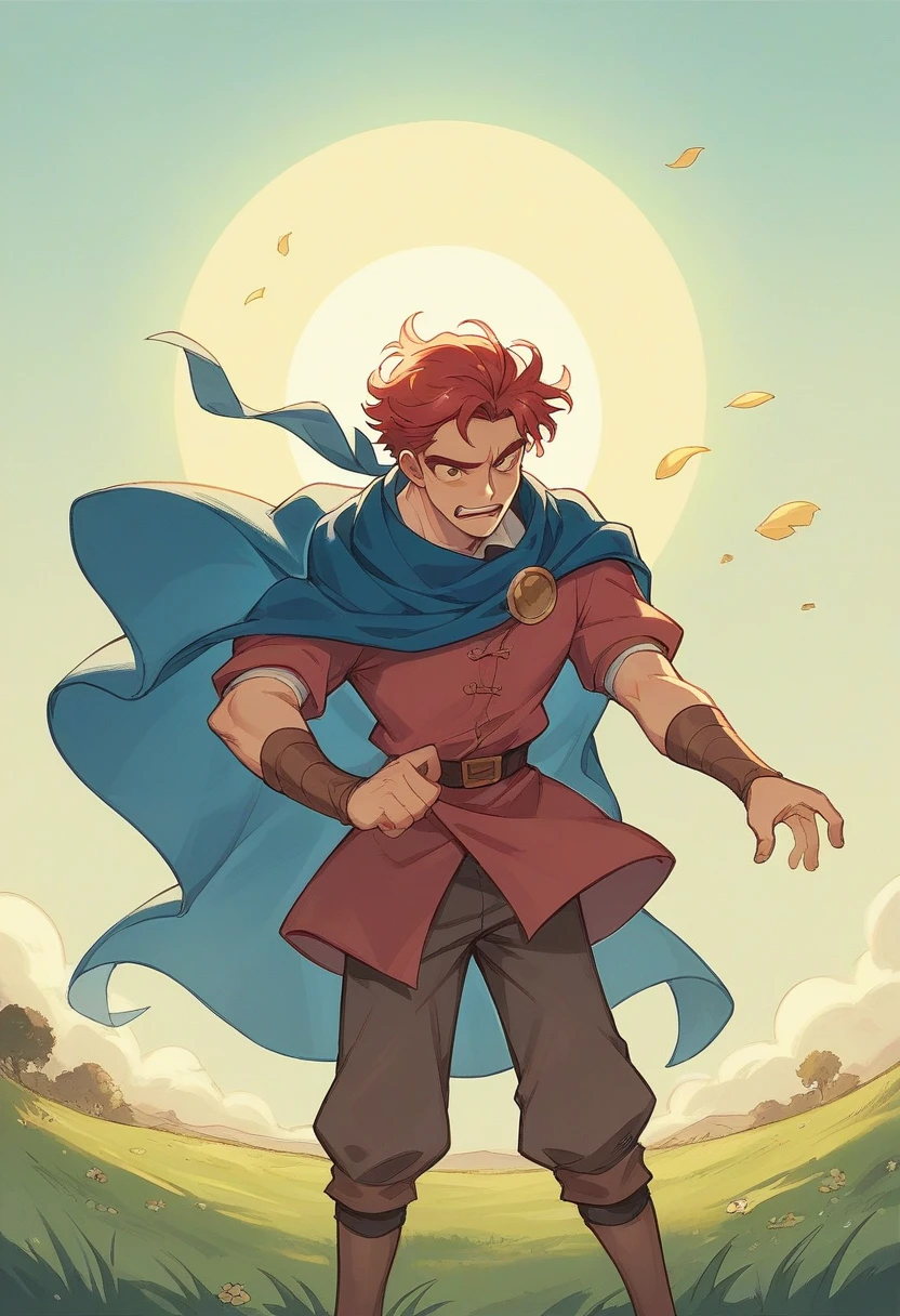 In the heart of a medieval landscape, the figure of a red-haired man with an intense gaze stands out. His hair, slightly disheveled by the wind, frames a beardless face and eyes that tell stories of different worlds: one black as the starless night, the other blue as the sky at dawn. He wears traditional Georgian costume, which speaks to his respect for customs and his longing to explore the unknown. This man, on the hunt for new adventures, seems to be about to take the next step into the unexplored anime Style