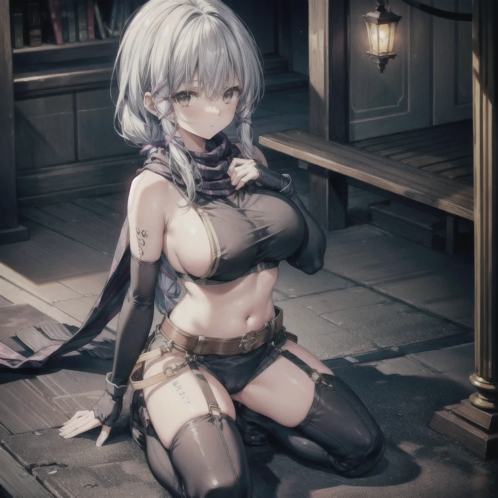 (masterpiece, highest quality, Perfect Anatomy, Fabric Shading, gleaming skin, Glowing Skin, Detailed skin),BREAK,
(clair lasbard),
(long ponytail, hair ribbon, striped scarf, black sports bra, belt, black micro bikini, fingerless gloves, thigh boots),
Full Body, on one knee, erotic pose, sensational look, BREAK,
huge breasts, wide open cleavage, underboob), BREAK,
Portrait, dutch angle, BREAK,
fantasy, Late Night, Dark, BREAK