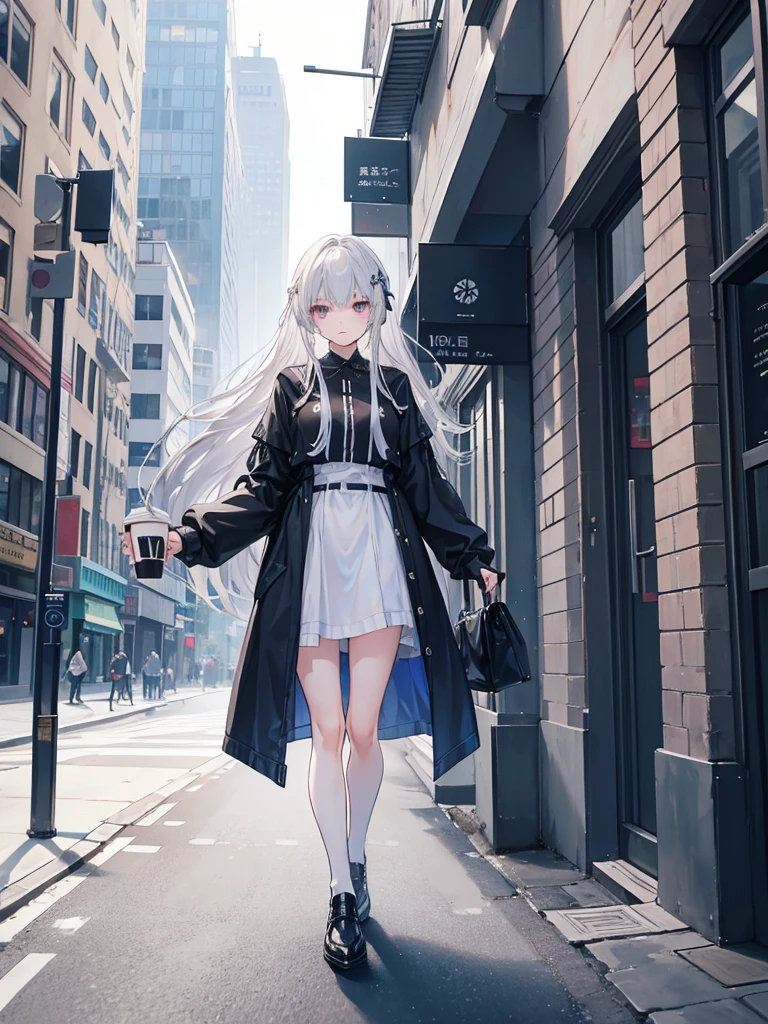 Alisa mikhailovna kujou, 1girl, Long silver hair, blue pupils, Wearing black and white casual clothes, Walking on the sidewalk of the city, holding a coffee cup