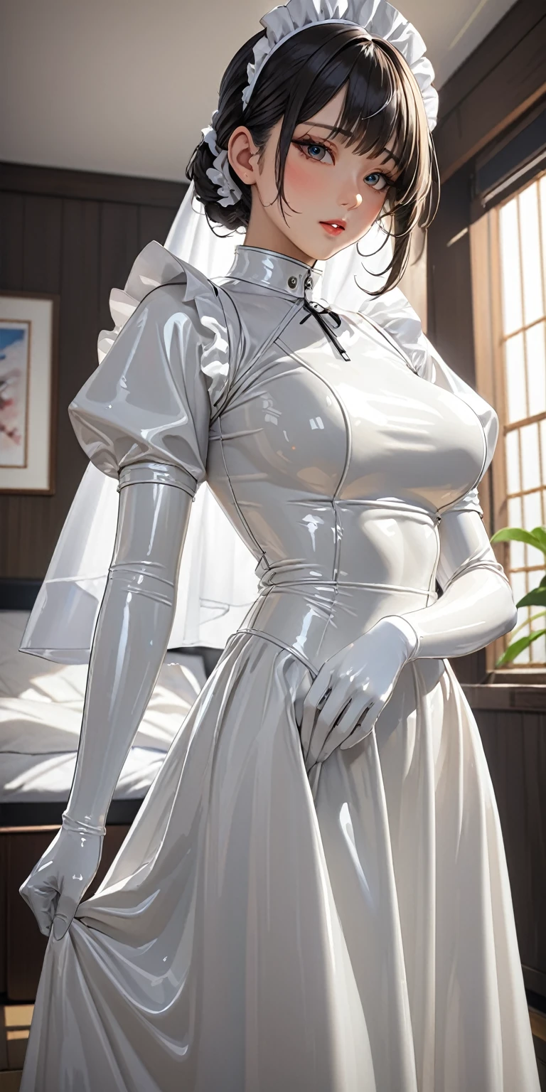 Portrait、(masterpiece,Highest quality,Ultra-high resolution),Japanese women, (((Very beautiful 25 year old girl))),(White latex maid outfit)、(White latex long skirt)、(A white latex long-sleeved shirt covering the upper body)、white latex long gloves、White latex socks、Latex bodysuit、The clothes fit snugly to the body、Latex is very shiny、Dark Room、