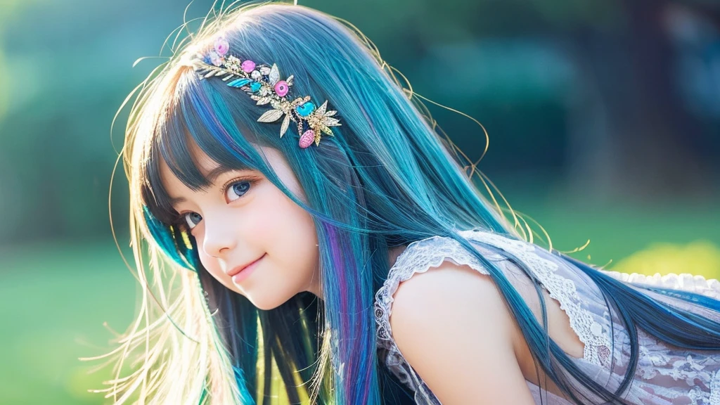 Create an anime-style portrait of a young girl with vibrant, multi-colored hair that transitions from yellow to green to blue. The girl's hair should flow naturally, and she should have large, expressive blue eyes. Her expression should be soft and gentle, with a warm and kind smile. The background should be a blend of warm and cool colors, complementing the girl's hair. She should be wearing a black lace dress with intricate details, adding a touch of elegance to her appearance. The overall mood of the artwork should be cheerful and inviting, capturing the girl's gentle and friendly demeanor."