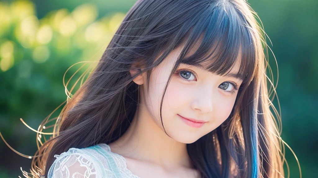 Create an anime-style portrait of a young girl with vibrant, multi-colored hair that transitions from yellow to green to blue. The girl's hair should flow naturally, and she should have large, expressive blue eyes. Her expression should be soft and gentle, with a warm and kind smile. The background should be a blend of warm and cool colors, complementing the girl's hair. She should be wearing a black lace dress with intricate details, adding a touch of elegance to her appearance. The overall mood of the artwork should be cheerful and inviting, capturing the girl's gentle and friendly demeanor."