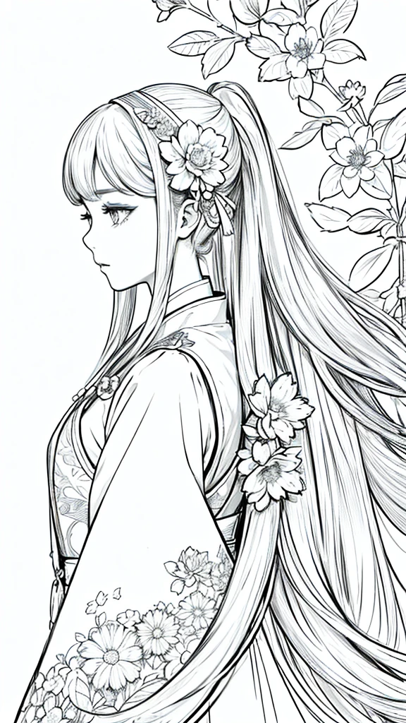 Masterpiece, Acura, doll-like, alone, Hanfu, long hair, profile close-up, flower line art background, white background, monochrome, line art, ((sketch)), with front view, Western facial features, missionary.