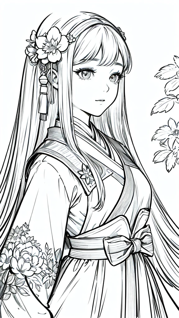 Masterpiece, Acura, doll-like, alone, Hanfu, long hair, profile close-up, flower line art background, white background, monochrome, line art, ((sketch)), with front view, Western facial features, missionary.