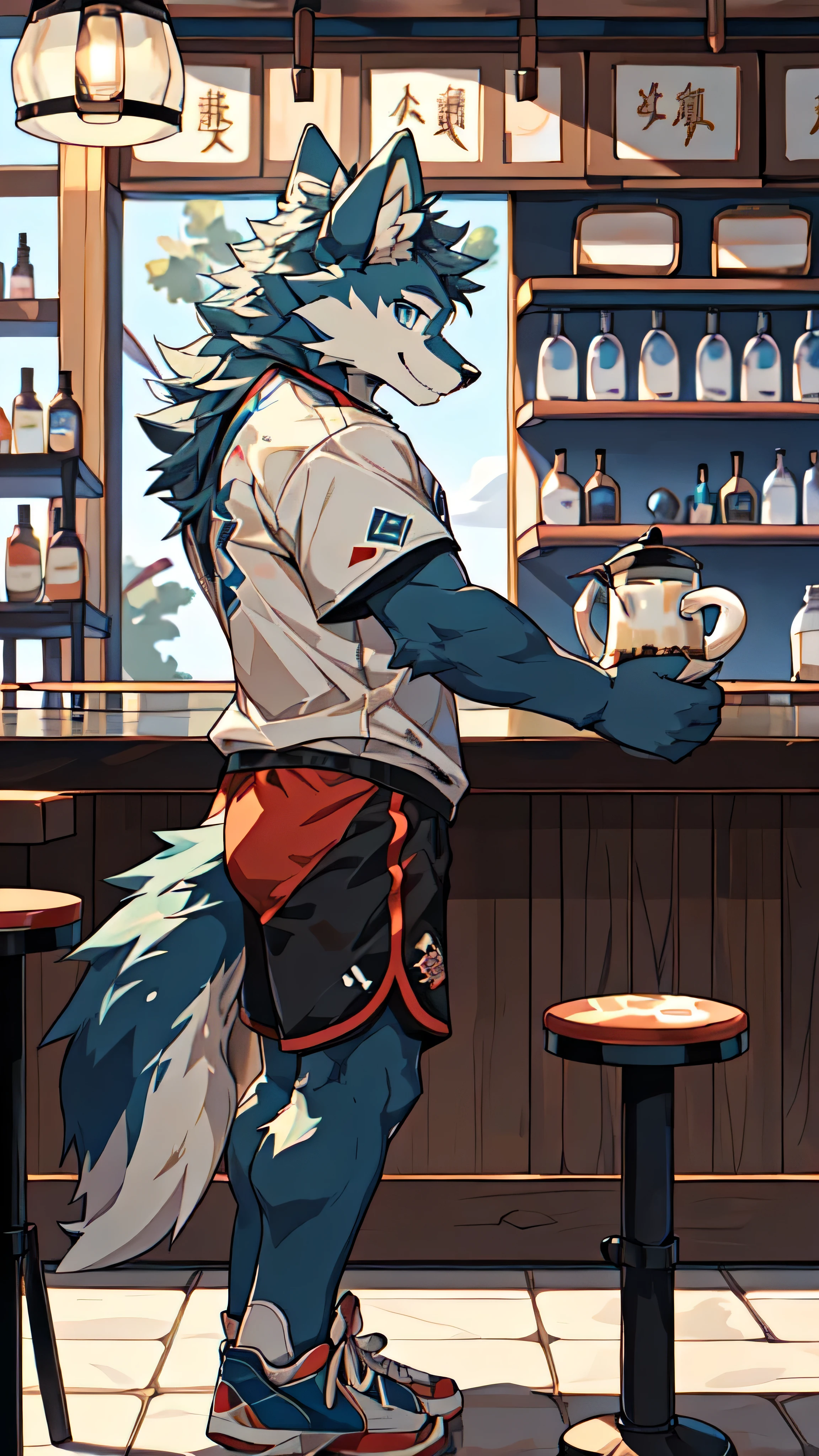 Sunlight，high resolution，4K，gay，(((whole body:1.1，Facing away from the camera:1.5)))，masterpiece，high quality，Brave and bold，((Wolf))，male，(((Milk tea shop，Sit at the bar:1.4)))，WolfFurry，(juvenile)，hairy，((Lovely，Smiling face，Long hair))，((peaceful，Gentle))，(((Well-proportioned body，Small ears，Well-proportioned limbs，Wolf Tail:1.2，Meat pad)))，(((Green ears:1.5，Dark blue head，Dark blue back，Dark blue limbs，Brown chest，brown abdomen，Blue pupils，Pink Meat Pad)))，(((Grey short sleeves，Red and black sports shorts，Blue sneakers:1.3)))，Delicate face，Exquisite eyes，Detailed body，Detailed hands，Detailed feet