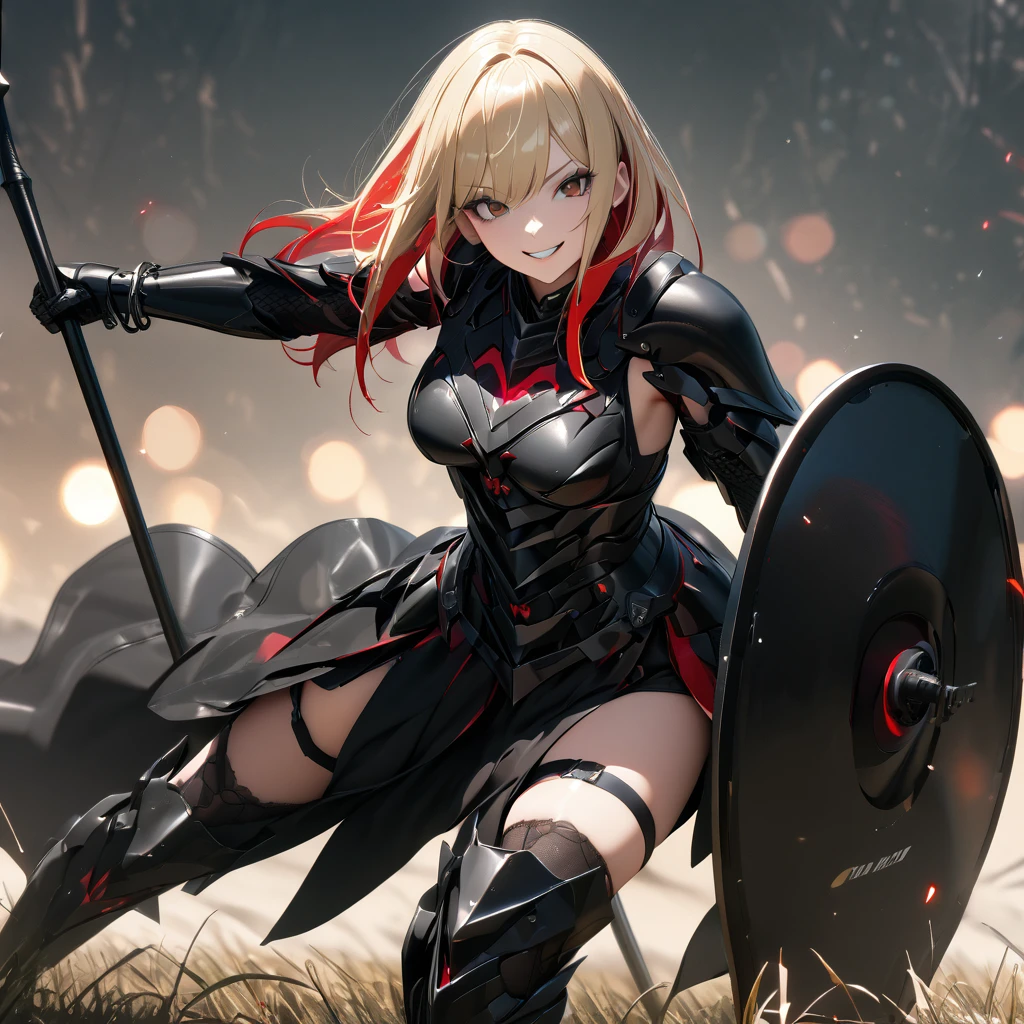 A woman in her 20s, wearing heavy black armor, black metal bracelet, black metal boots, with red details on the armor, short shoulder-length blonde hair, red bangs, smiles, multicolored hair, brown eyes, sadistic smile, face of psychopath, evil face, holding a black metal shield, and a black metal sword, in a combat stance, in an open field, UHD , work- prime, precise, anatomically correct, textured skin, super details, high quality, best quality, 8k, high resolution, bokeh effect. (woman solo )
