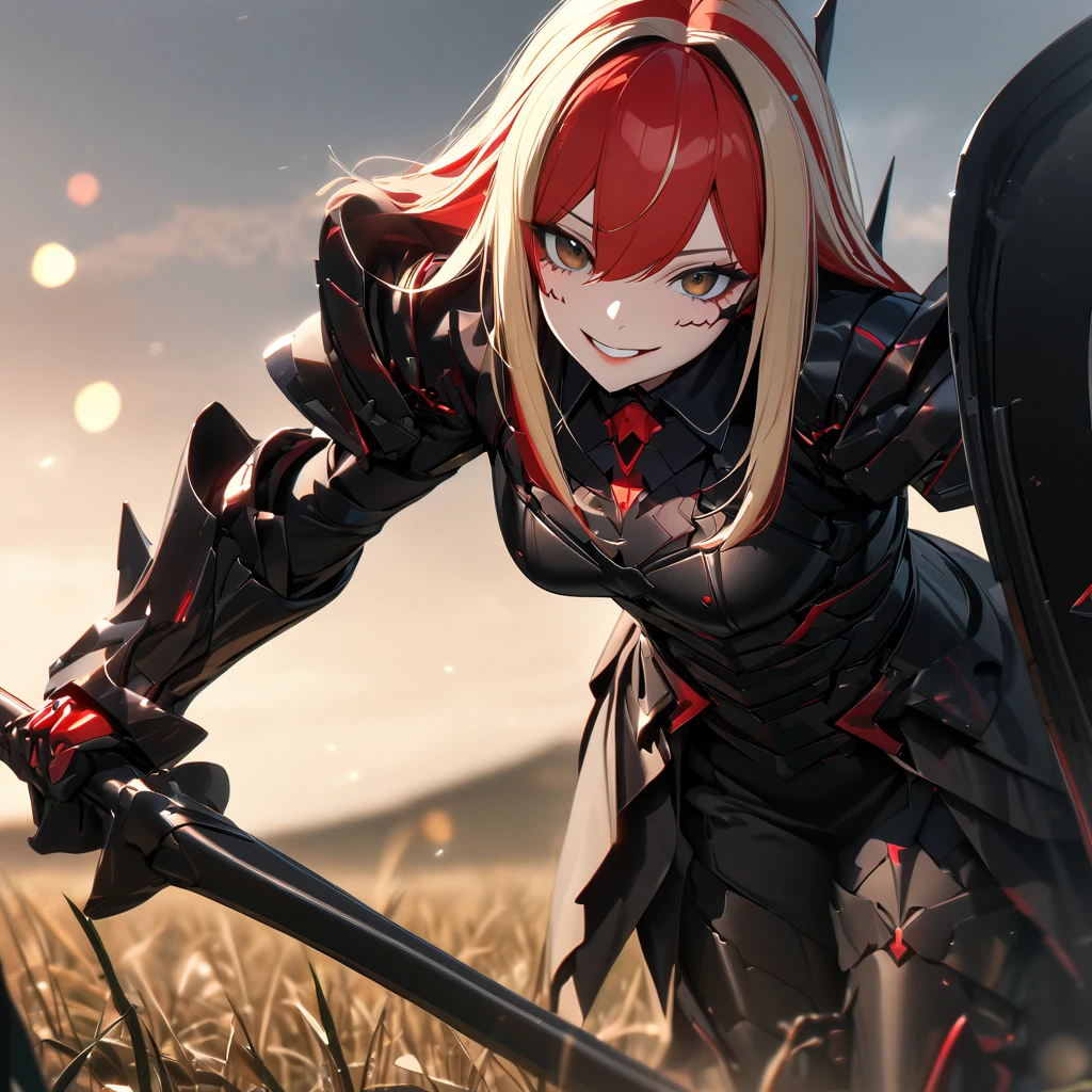 A woman in her 20s, wearing heavy black armor, black metal bracelet, black metal boots, with red details on the armor, short shoulder-length blonde hair, red bangs, smiles, multicolored hair, brown eyes, sadistic smile, face of psychopath, evil face, holding a black metal shield, and a black metal sword, in a combat stance, in an open field, UHD , work- prime, precise, anatomically correct, textured skin, super details, high quality, best quality, 8k, high resolution, bokeh effect. (woman solo )
