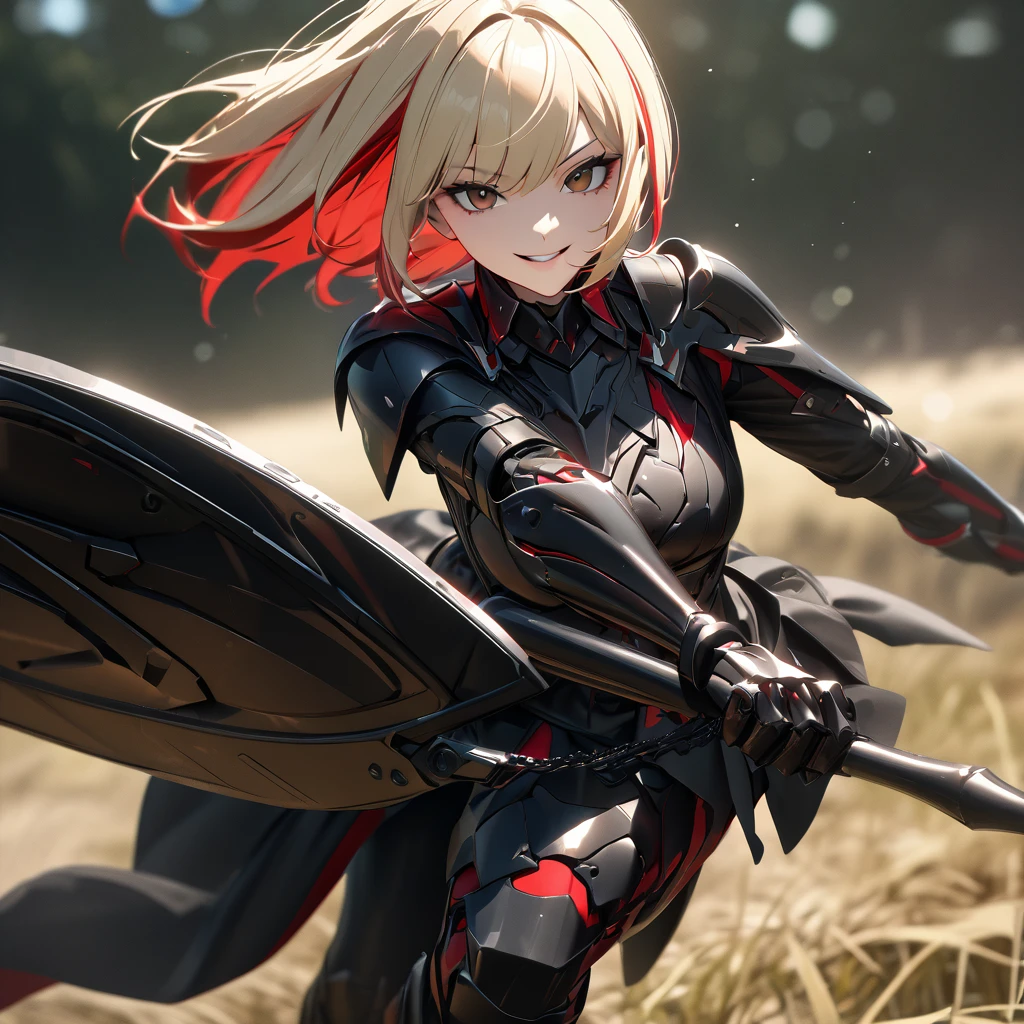 A woman in her 20s, wearing heavy black armor, black metal bracelet, black metal boots, with red details on the armor, short shoulder-length blonde hair, red bangs, smiles, multicolored hair, brown eyes, sadistic smile, face of psychopath, evil face, holding a black metal shield, and a black metal sword, in a combat stance, in an open field, UHD , work- prime, precise, anatomically correct, textured skin, super details, high quality, best quality, 8k, high resolution, bokeh effect. (woman solo )