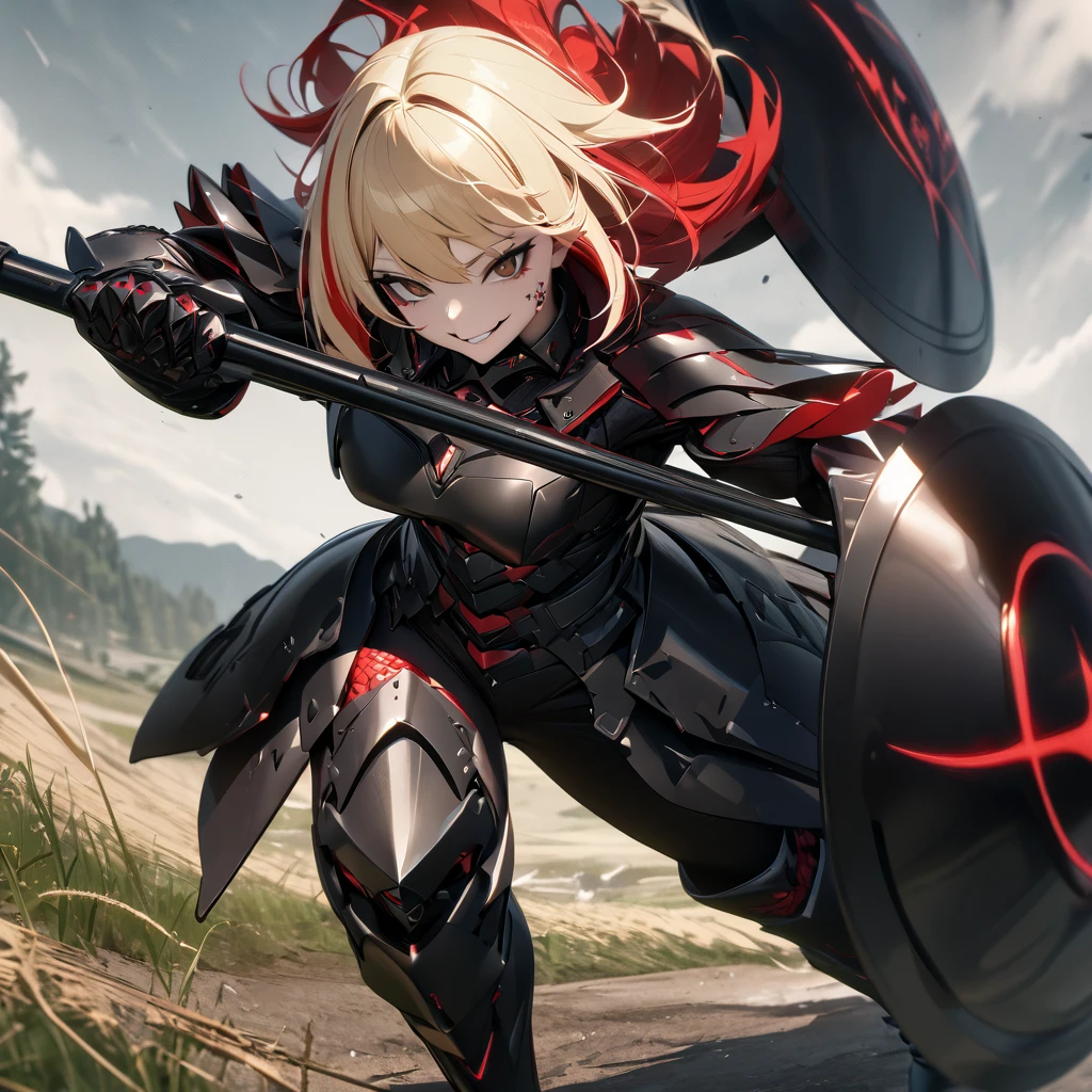 A woman in her 20s, wearing heavy black armor, black metal bracelet, black metal boots, with red details on the armor, short shoulder-length blonde hair, red bangs, smiles, multicolored hair, brown eyes, sadistic smile, face of psychopath, evil face, holding a black metal shield, and a black metal sword, in a combat stance, in an open field, UHD , work- prime, precise, anatomically correct, textured skin, super details, high quality, best quality, 8k, high resolution, bokeh effect. (woman solo )