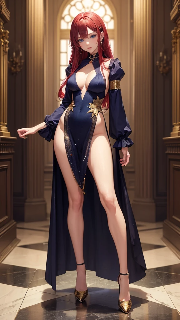"NSFW An anime girl with blue eyes and long red hair. The artwork must be of the best quality, high resolution, and vibrant colors. Must be full body style, with soft lighting illuminating the scene, front viewer eyes, dress detailed with gold, high heels detailed with gold"