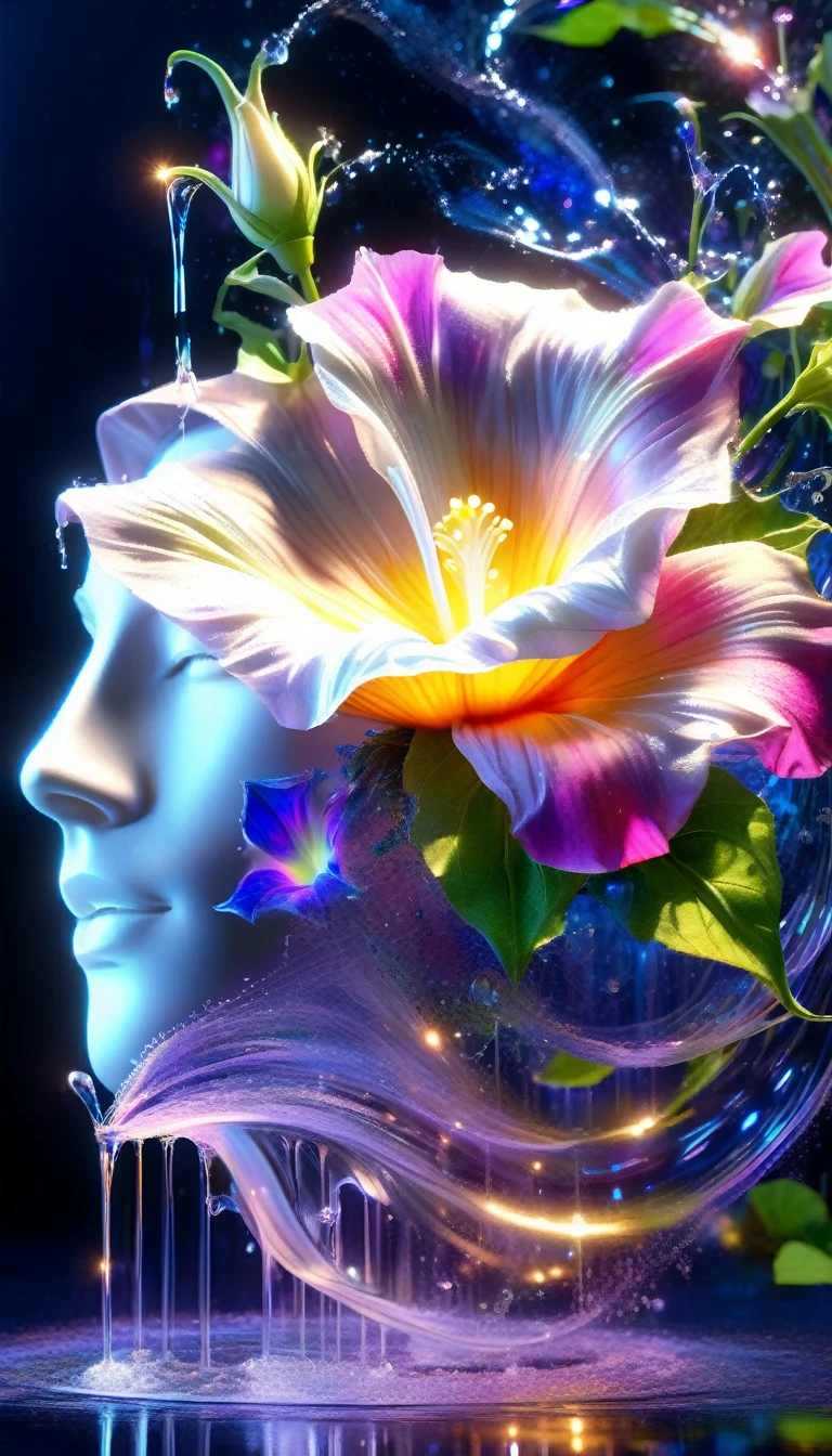Made by AIS-RCN, 8K Photo, "words, Glass coated, Shiny Morning Glory Flower, It shoots out of the fountain, Transform your thoughts into delicate works of art.", Supple, Black light