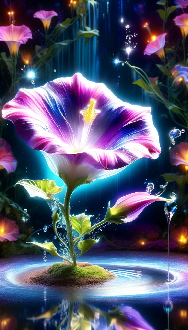 Made by AIS-RCN, 8K Photo, "words, Glass coated, Shiny Morning Glory Flower, It shoots out of the fountain, Transform your thoughts into delicate works of art.", Supple, Black light