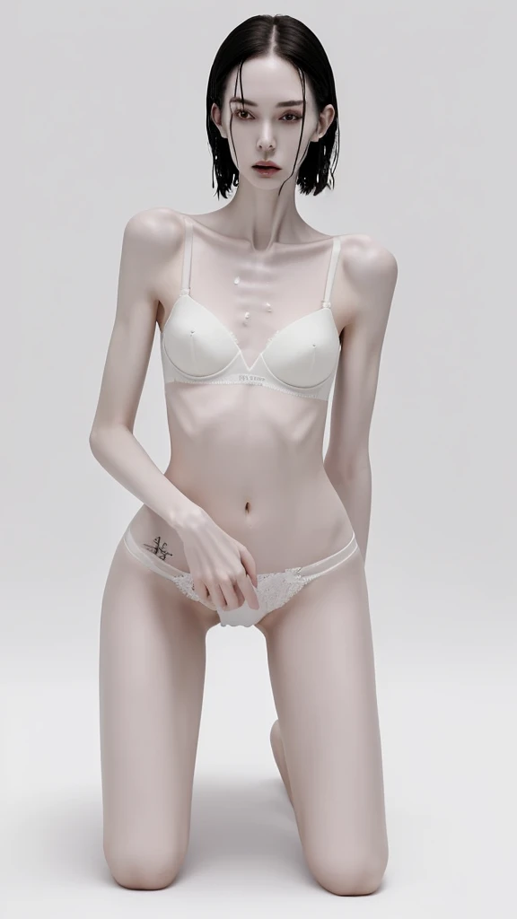 a woman, extremely thin body, visible bones, very slender, sweaty wet body, pale white skin, panties, bra, tattoo, full body, having mental breakdown, kneeling down