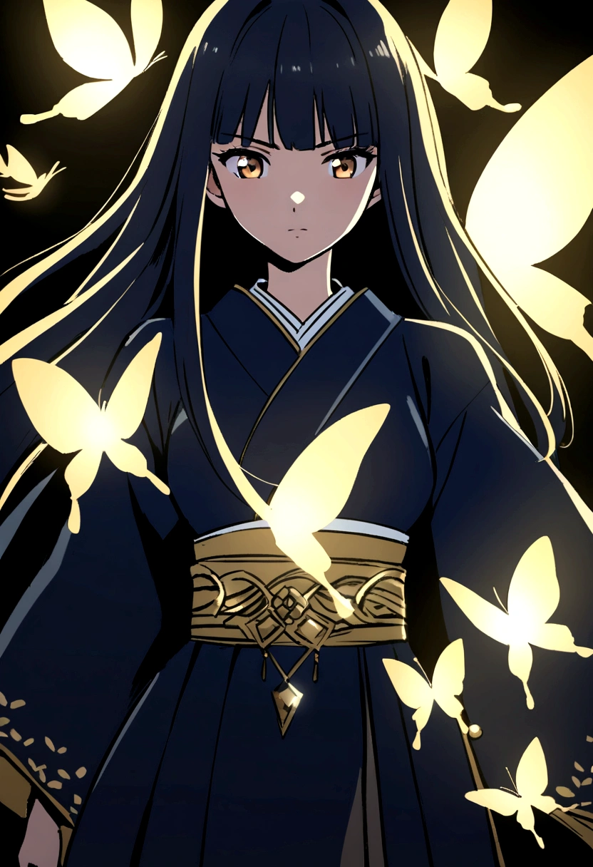 A live-action prompt for Nohime. A beautiful Japanese woman with long hair wearing a navy blue kimono decorated with gold butterflies, in anime style.
