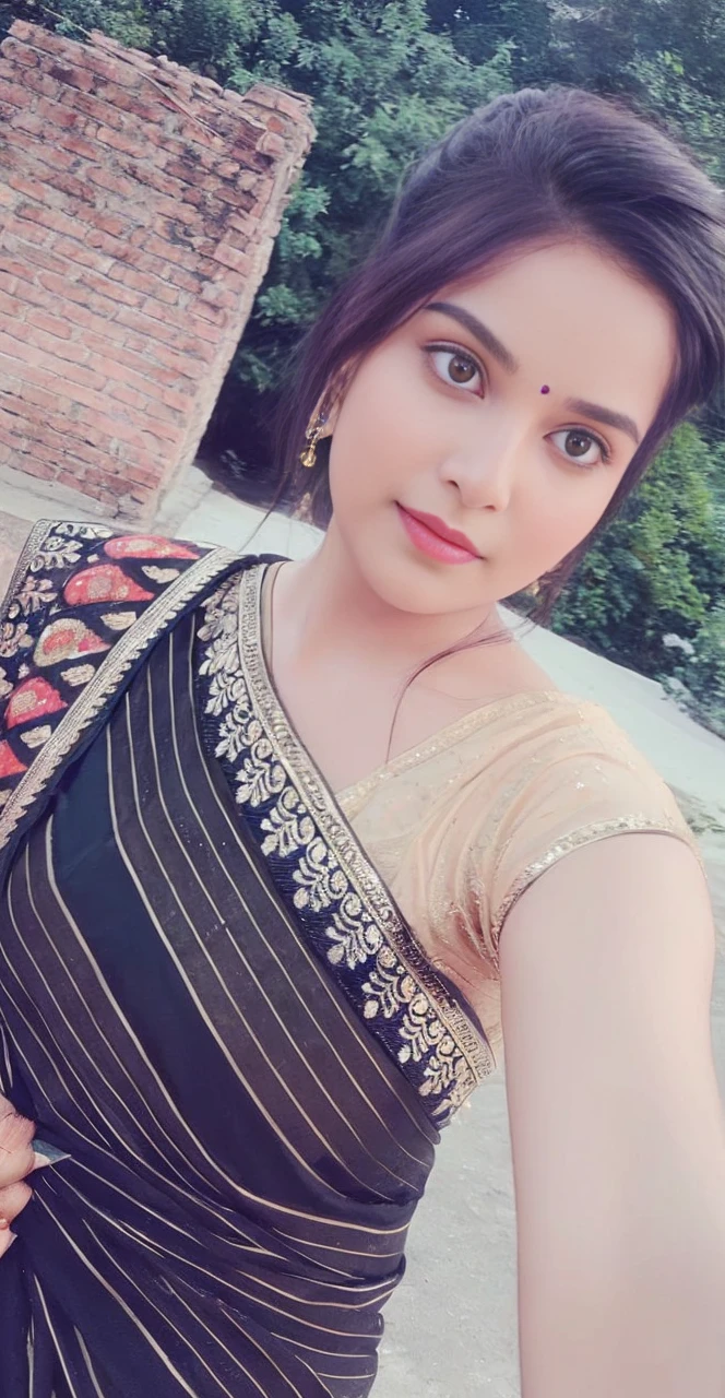 (((desi girl))), chubby face, natural skin, wearing bhue bridal saree, charming black hair, ((hair ends are blonde)), greenary village background, bokeh