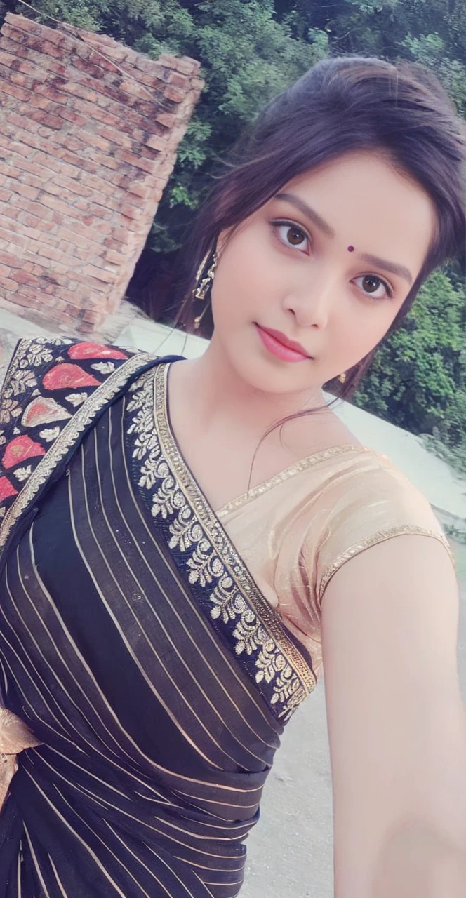 (((desi girl))), chubby face, natural skin, wearing bhue bridal saree, charming black hair, ((hair ends are blonde)), greenary village background, bokeh