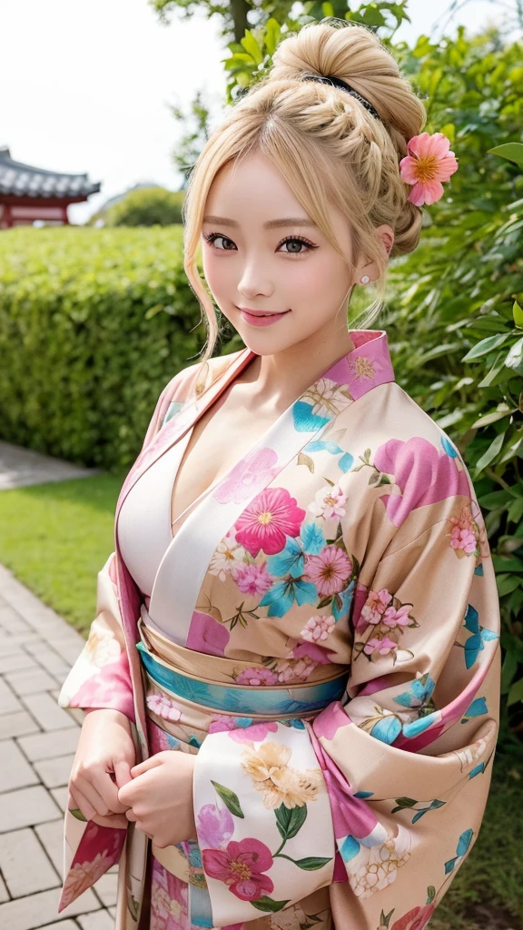 Blonde kimono beauty、Gorgeous floral patterned kimono、My cute girlfriend is a kimono model..、Brown eyes、Beautiful smile、He is short、Braiding、hair ornaments、Colorful and showy kimono、whole body、Right facing