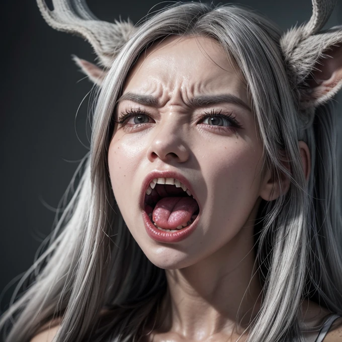 Woman, long gray hair, deer horns, sharp teeth, white eyes, angry face, screaming