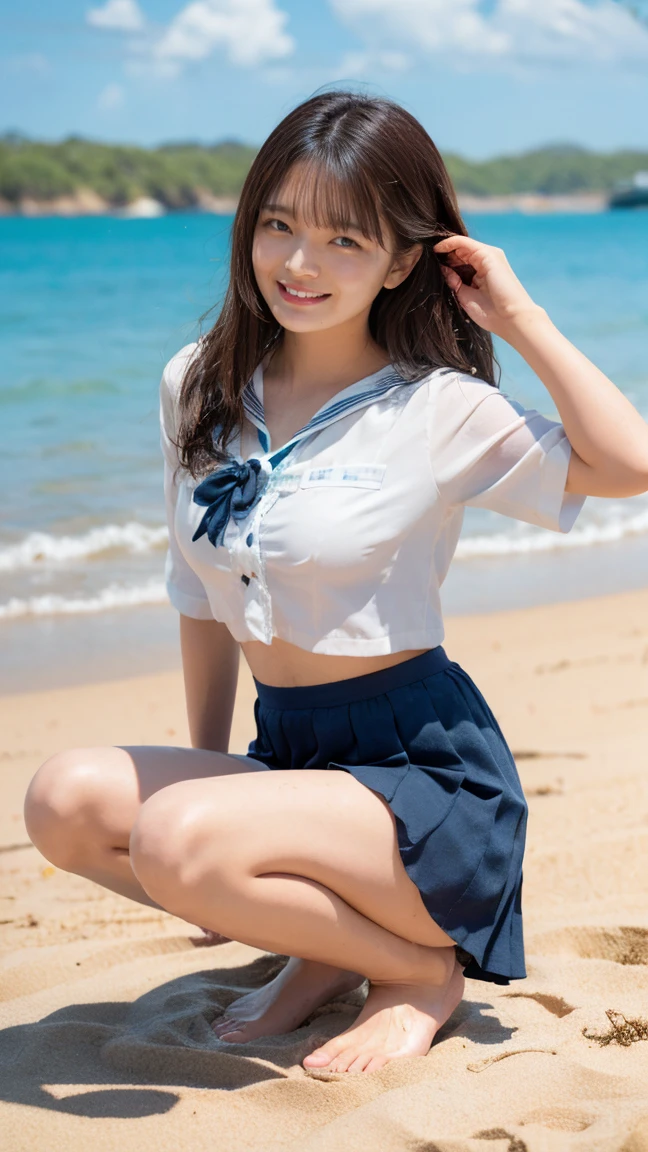 nsfw,Highest resolution,Highest quality,detailed,Cute pose in the marine blue sea, busty girl in summer uniform:1.5,Take off your white panties,pull-out-panties 