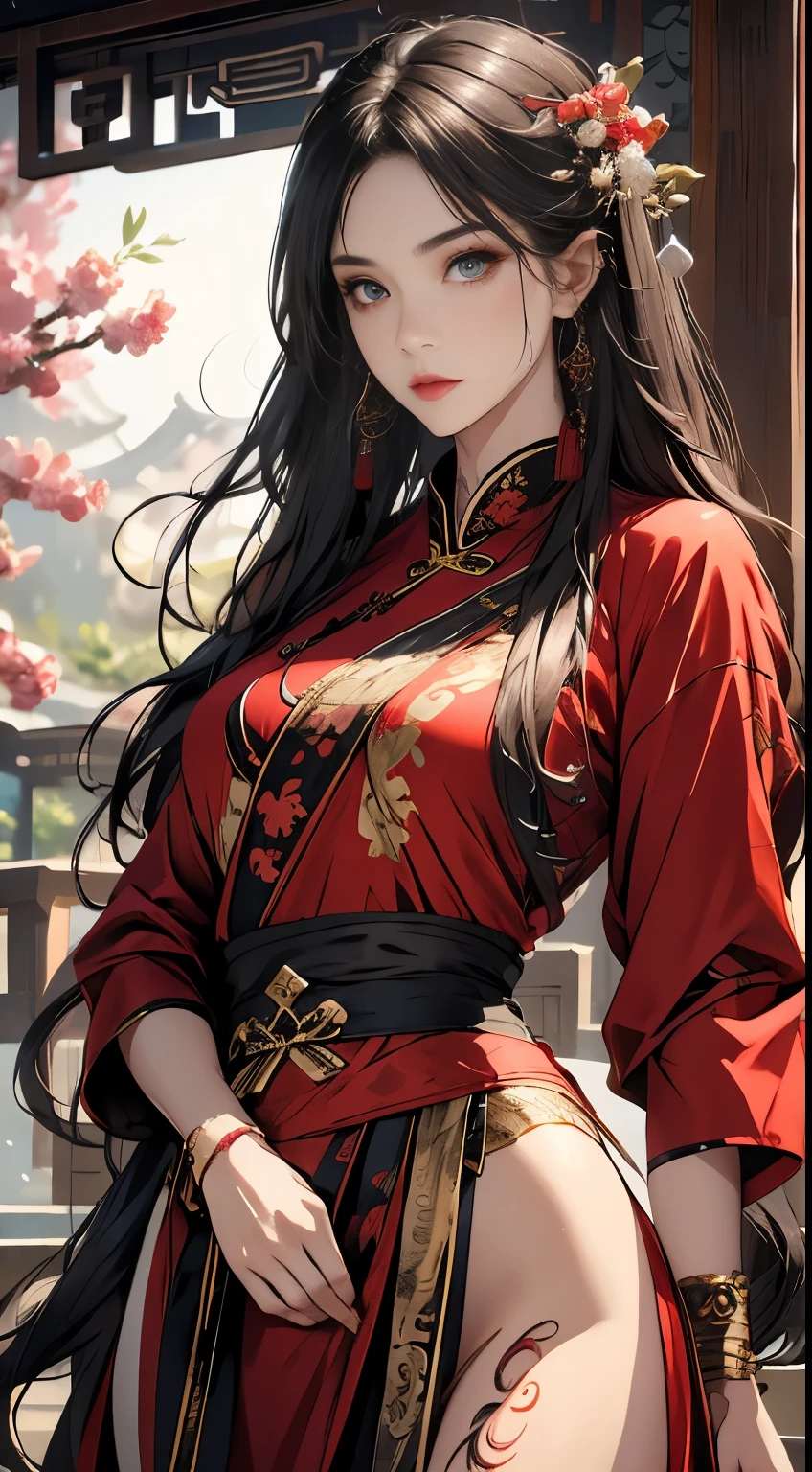 Photorealistic, high resolution, 1 woman, Hips up, Beautiful eyes, Long hair, ringed eyes, jewelry, tattoo, Hanfu, Chinese fairy, Taoist uniform