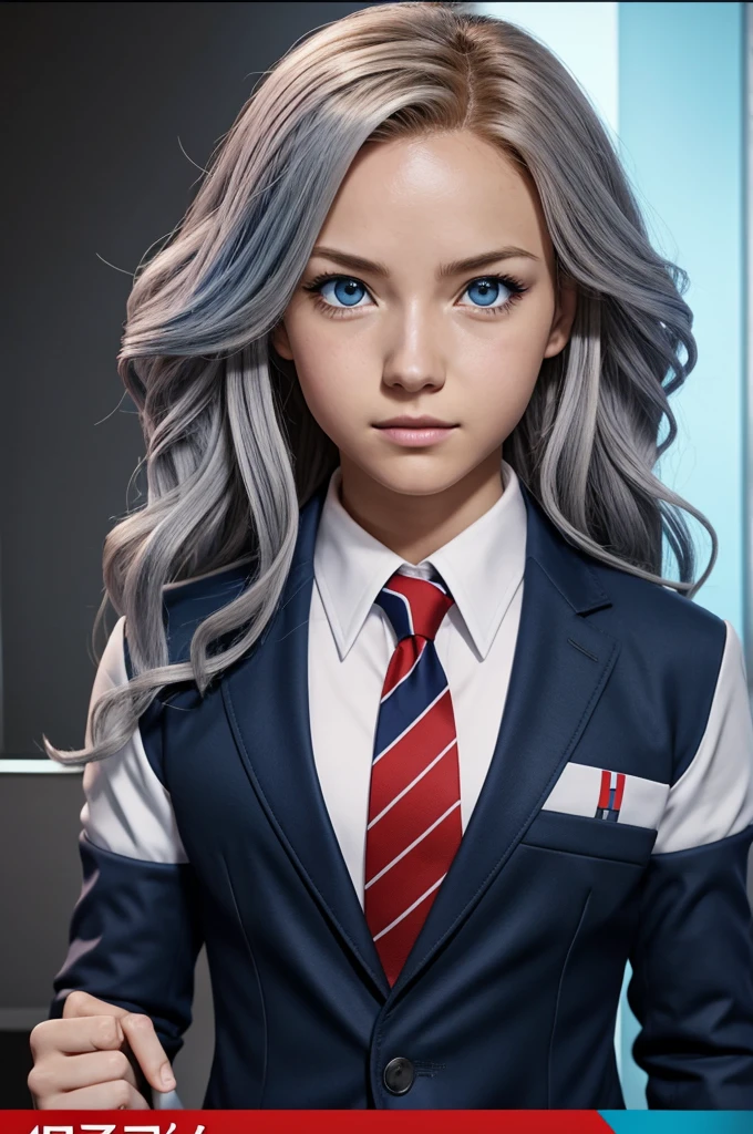 screenshot boku no hero academia, Pretty Woman, white hair with blue dreadlocks wavy, Small, dark blue eyes, serene expression , Boku no hero academia uniform gray jacket and red tie, standing action in class 1A, Background, looking at the camera from profile anime style boku no hero academia