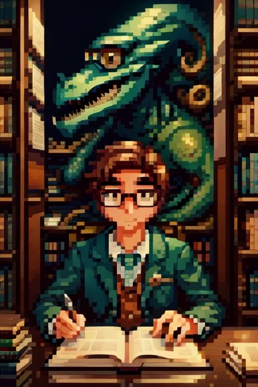 A sea monster wearing glasses, and working at a bookstore 