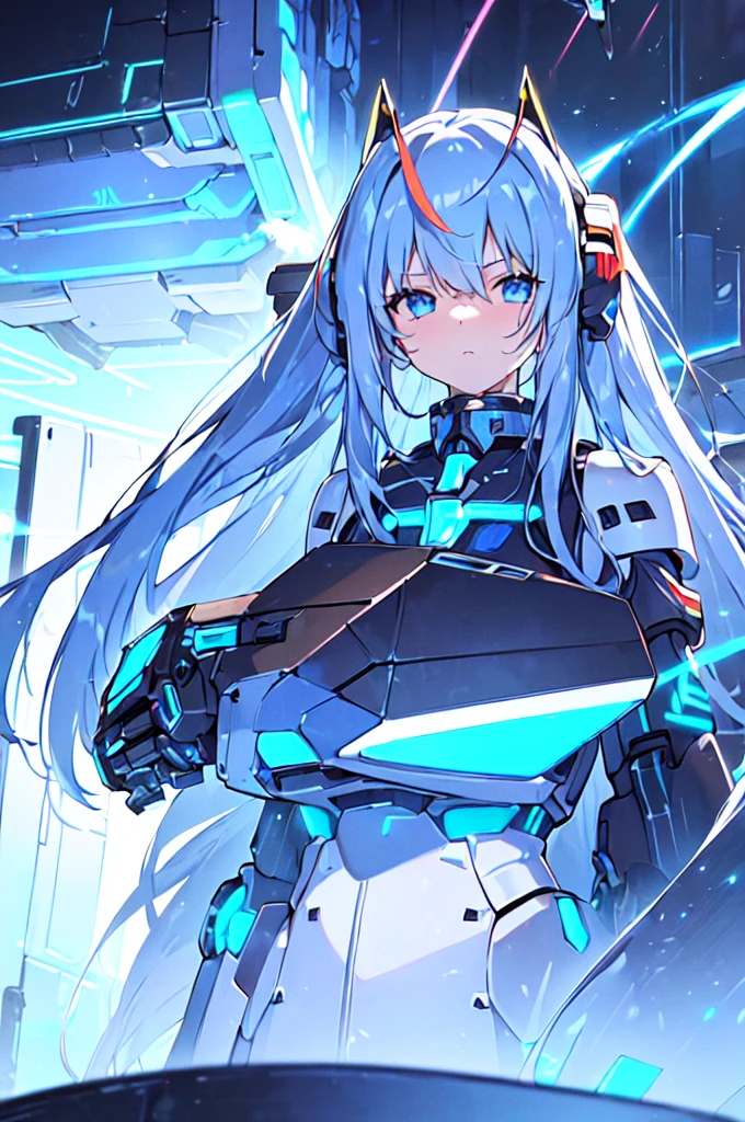 (((masterpiece))), 1girl, solo, white hair, long hair, Blue eyes, science fiction, ((Solo)), (mecha musume:1.5), (giant girl), mechanical parts, headgear, ((mechanical Black Armor)), (((neon light Blue))), Anime style