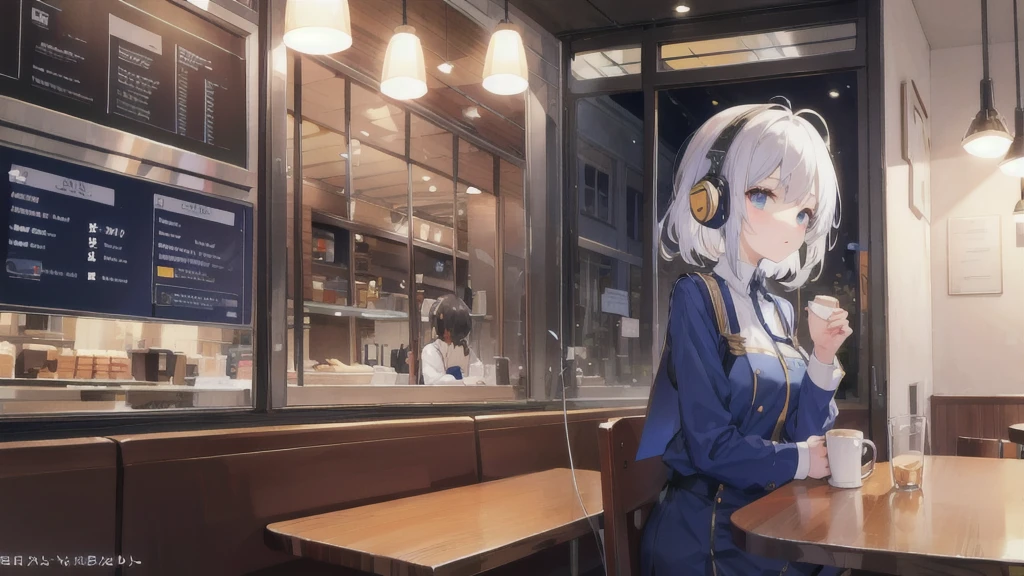 Wearing headphones in a cafe、Girl in uniform、No characters allowed