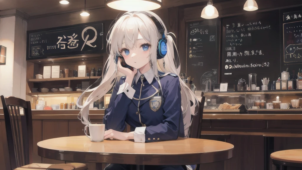 Wearing headphones in a cafe、Girl in uniform、No characters allowed
