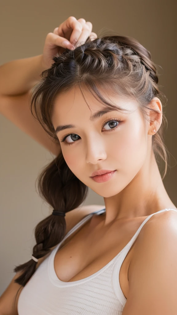 ((highest quality, 8k, masterpiece :1.3)), One girl, Beautiful woman with slim abdominal muscles :1.3, (Random Hairstyles :1.2), Oversized tank top :1.2, Highly detailed face, Fine grain, double eyelid, Underarm