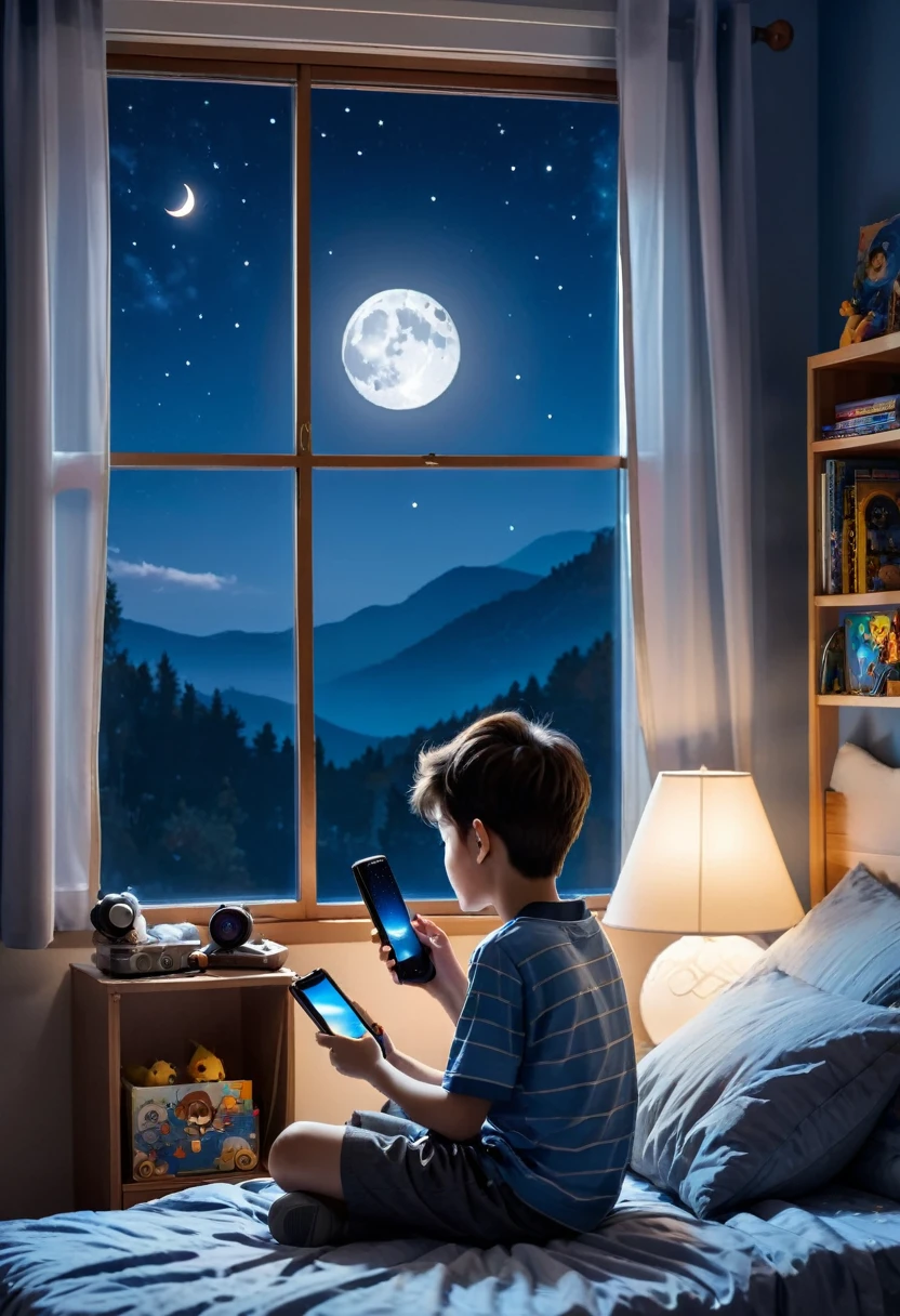 A boy sitting on the bed in his bedroom is playing on the phone while the moon is visible from the window nearby.