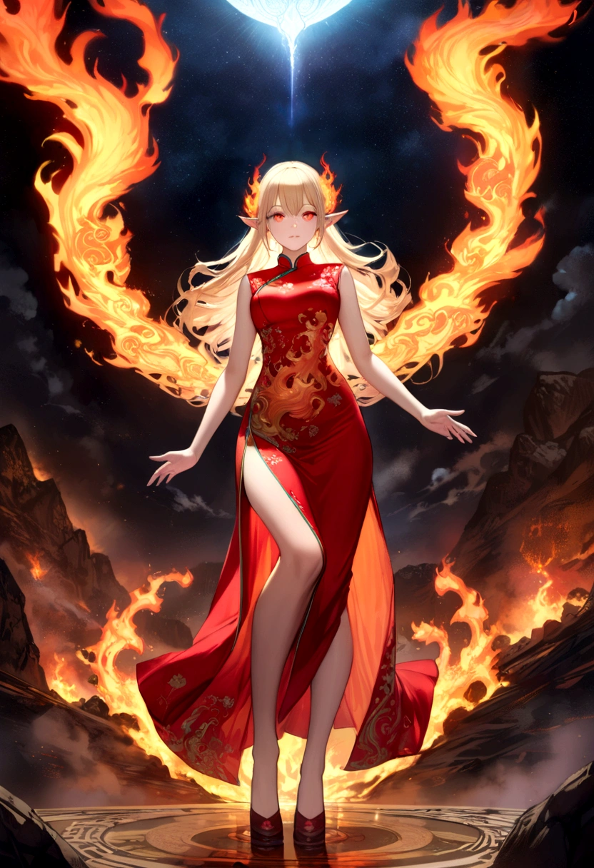 high details, best quality, 16k, [ultra detailed], masterpiece, best quality, (extremely detailed), full body, ultra wide shot, photorealistic, fantasy art, dnd art, rpg art, realistic art, an ultra wide picture of a female elf (intricate details, wearing fiery (Cheongsam: 1.3), Masterpiece, best quality: 1.5) goddess of fire ((fiery radiant aura)), controlling a swirling red fire, fiery red radiant magic (1.5 intricate details, Masterpiece, best quality), manipulating purple radiant magical symbols, [[divine symbols]] (intricate details, Masterpiece, best quality: 1.5), elf female, blond hair, long hair, hair with aura, with red radiant eyes, intense eyes, ((radiant eyes)), (( red glowing eyes)), she wears Cheongsam with fiery patterns, the fire leaps from the Cheongsam, fantasy volcano back ground, streams of lava, celestial background, ((divine worship atmosphere)), high details, best quality, highres, ultra wide angle,