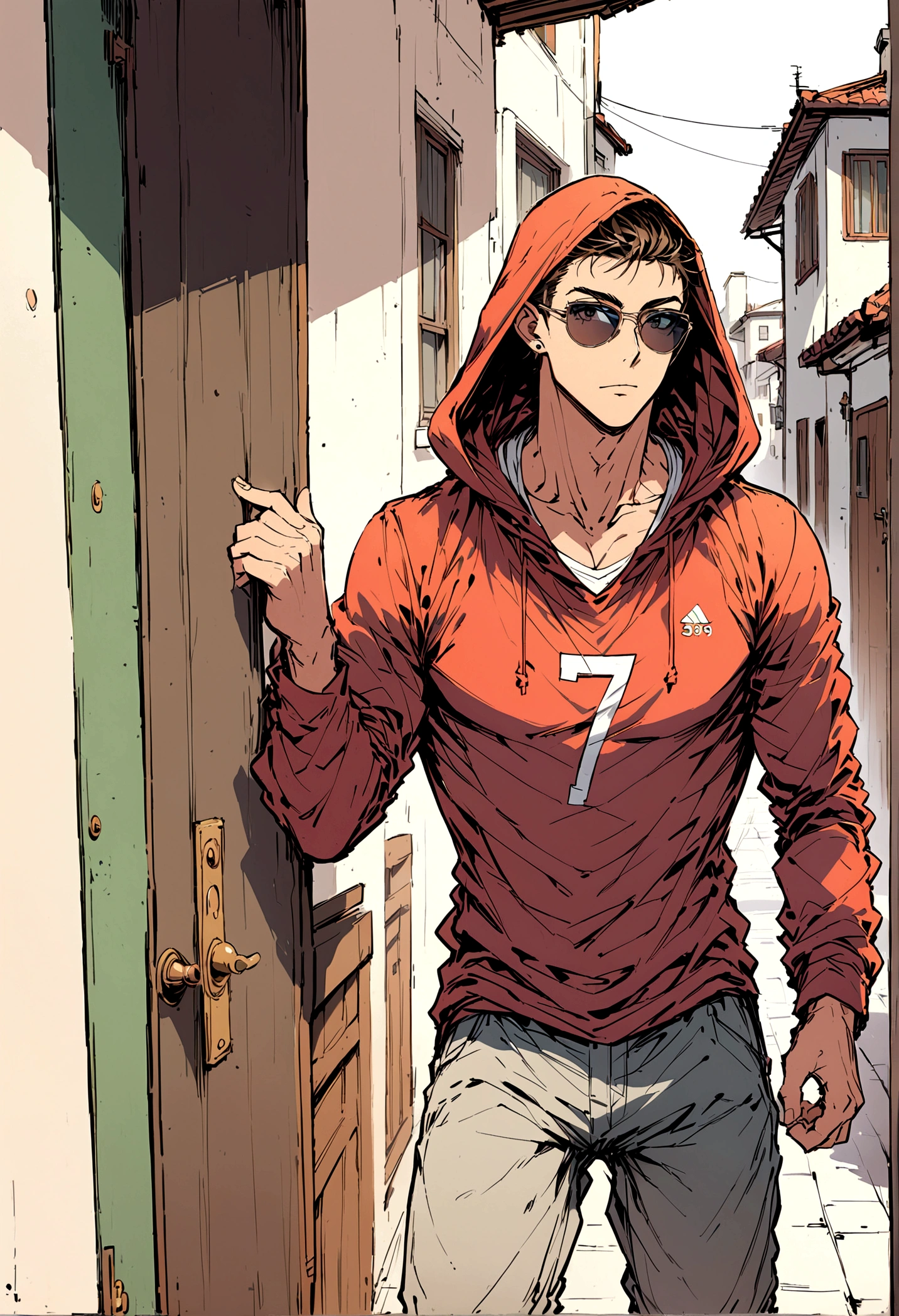 Cristiano Ronaldo, 39 years old, wearing sunglasses and a hood, looking at the door of a house, the door is red with a number 7