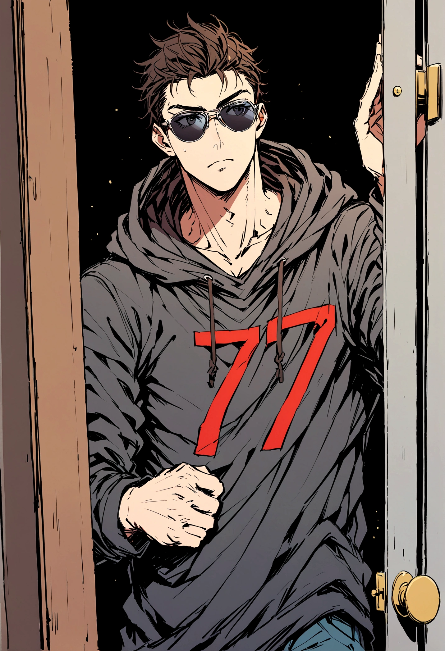 Cristiano Ronaldo, 39 years old, wearing sunglasses and a hood, looking at the door of a house, the door is red with a number 7
