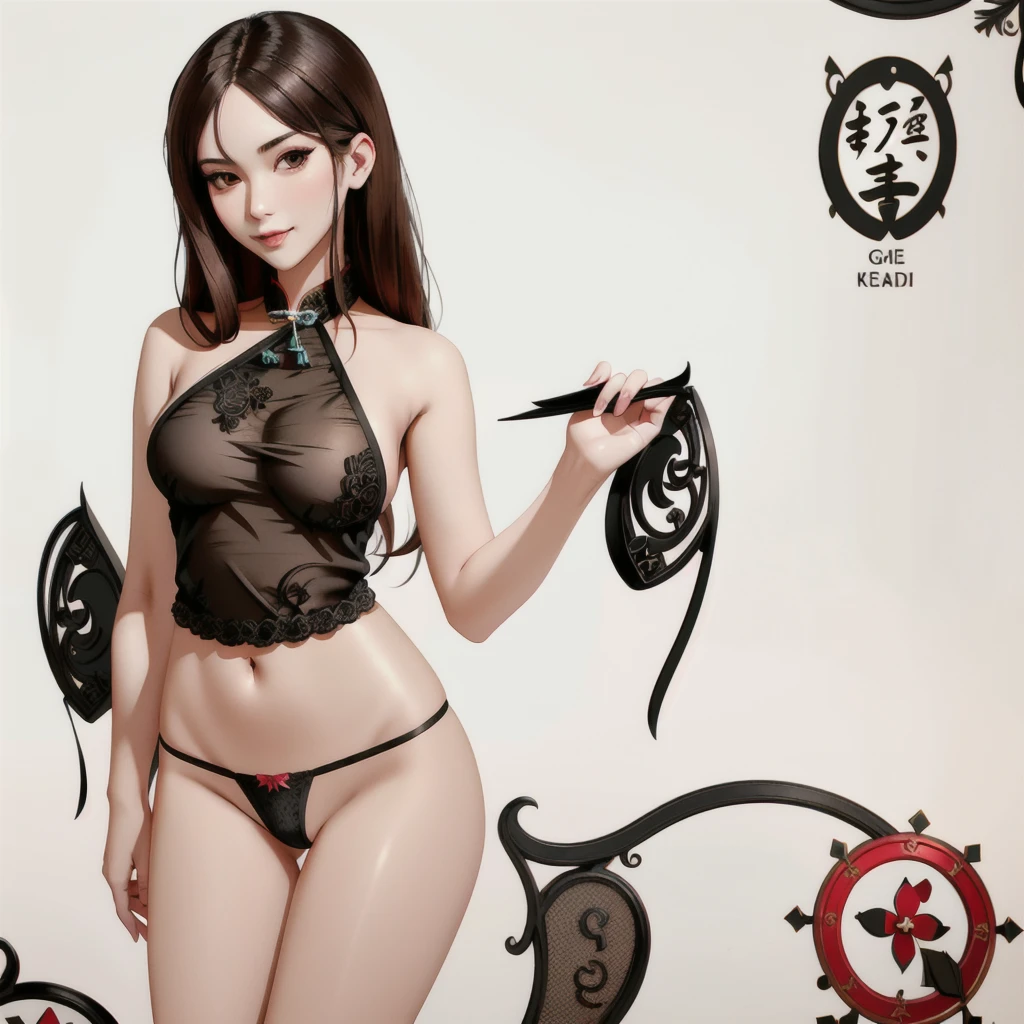 ((Masterpiece, best quality,edgQuality)),smug,smirk,bimbo,glossy,
edgDudou, 1girl, solo, long hair, looking at viewer, simple background, brown hair, white background, brown eyes, underwear, panties, black panties, lingerie, realistic ,wearing edgDudou chinese lingerie