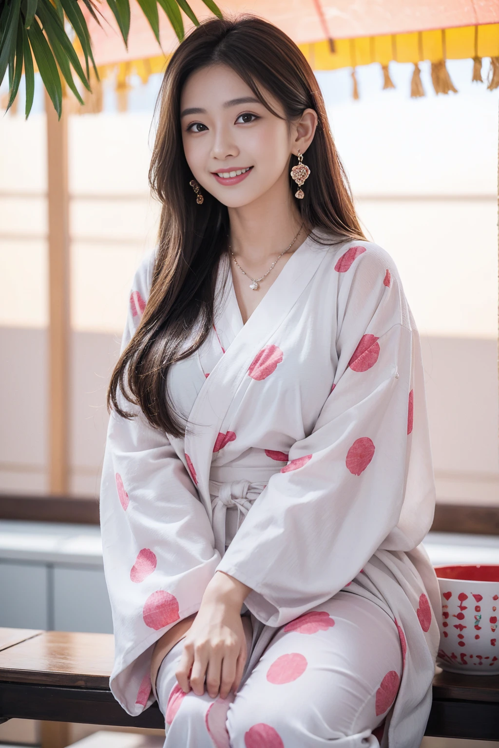 Highest quality,8K, Detailed facial depiction, Detailed description of the eyes,One Woman, Light brown hair(Medium-long hair),Beautiful Japanese Girl,24-years-old,Cute eyes,Cute Smile,Yukata beauty,A yukata with large polka dots on a white background,Slender body, Large, plump breast size, Long and beautiful legs,Smiling, Colorful earrings,necklace,Are standing,Beautiful nape,Summer festival,There are food stalls