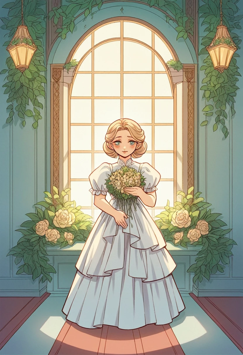 A beautiful illustration featuring a small children holding his mother's hand, proudly showing her their luxurious, modern home. The home is elegant and sophisticated, seamlessly blending with the surrounding lush greenery. The scene exudes a warm, aesthetic vibe, with soft, inviting colors and gentle lines, capturing the love and pride in the young man's eyes as he presents their stunning residence to his mother. The mother is clearly older, with a kind and gentle appearance. the house features sleek architecture, large windows, and stylish design elements, ensuring a contemporary and luxurious feel. The overall atmosphere is serene and enchanting, evoking a sense of beauty, tranquility, and modern opulence.