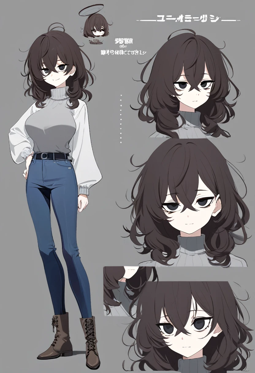 One Woman,Downer,older sister,Concept Art,Dark brown hair,Straight hair with slight inward curls,Staring eyes,Circles in the eyes,black eye,Crossed bangs,whole body,smile,Larger breasts,Gray background,Bangs that reach down to the eyes,Messy hair,Tight dark jeans,Gray turtleneck sweater,Multiple views of the same character,Character Design,Dark circles under the eyes,Bad look,Listless,Sloppy,Silver Jewelry,Cafe staff,whole bodyCharacter Design,Detailed hands,Height: 170cm,boots,