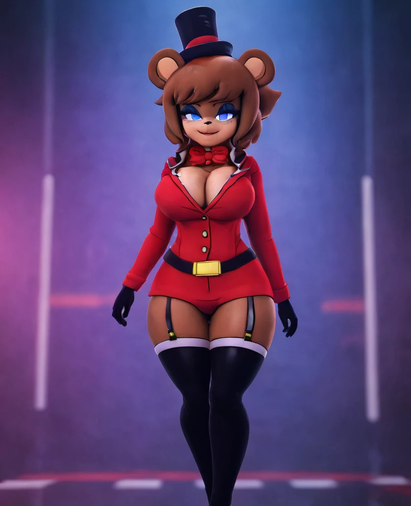 (best quality, masterpiece1.2), 1girl, solo, human, cally3d, (fredina), brown body, top hat, bear ears, stockings, woman, red hoodie, blue eyes, sexy, detailed, extreme detail, perfect lighting, 4k, hood down,