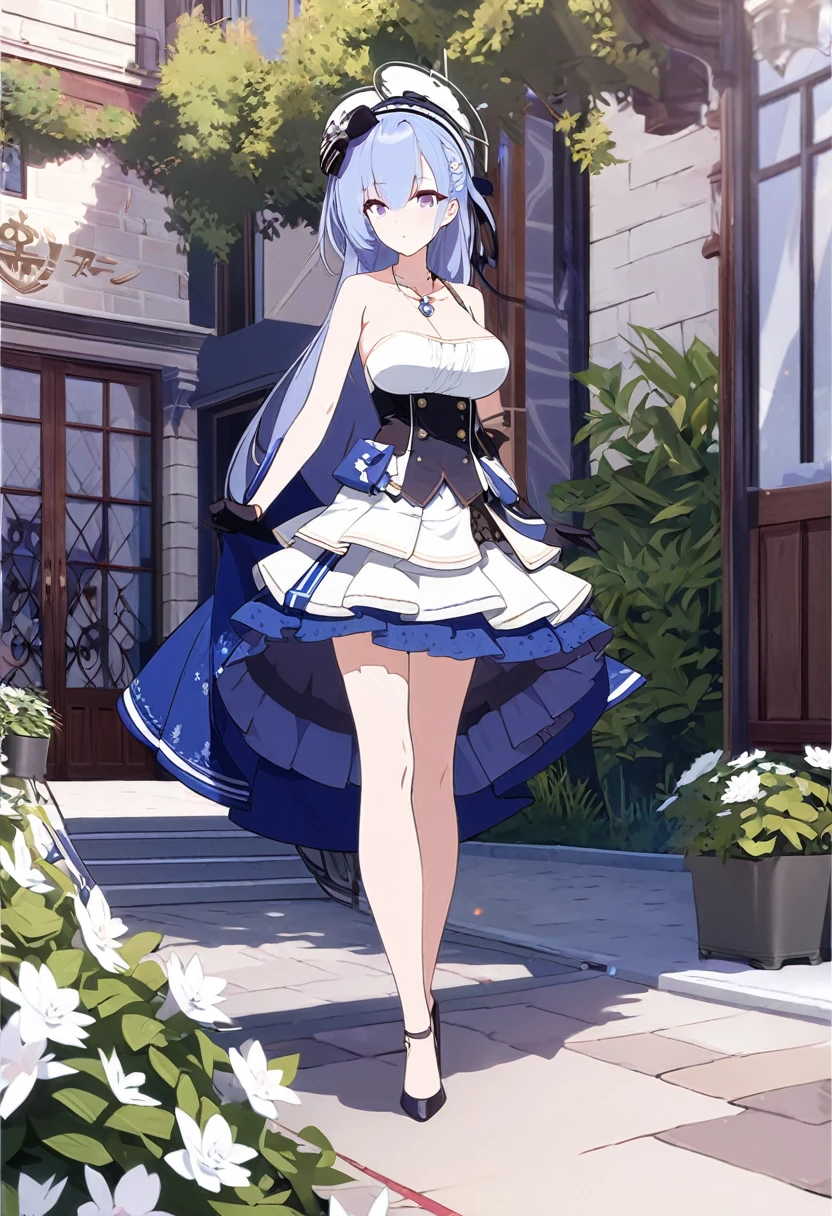 masterpiece, best quality, Extremely detailed 8k wallpaper, 1 Girl, outdoor, Helena(Azur Lane),strapless skirt, skirt, layered skirt,White flowers, Hair accessories, Purple Eyes, (Necklace), Outline, (Black gloves), Bare Legs,