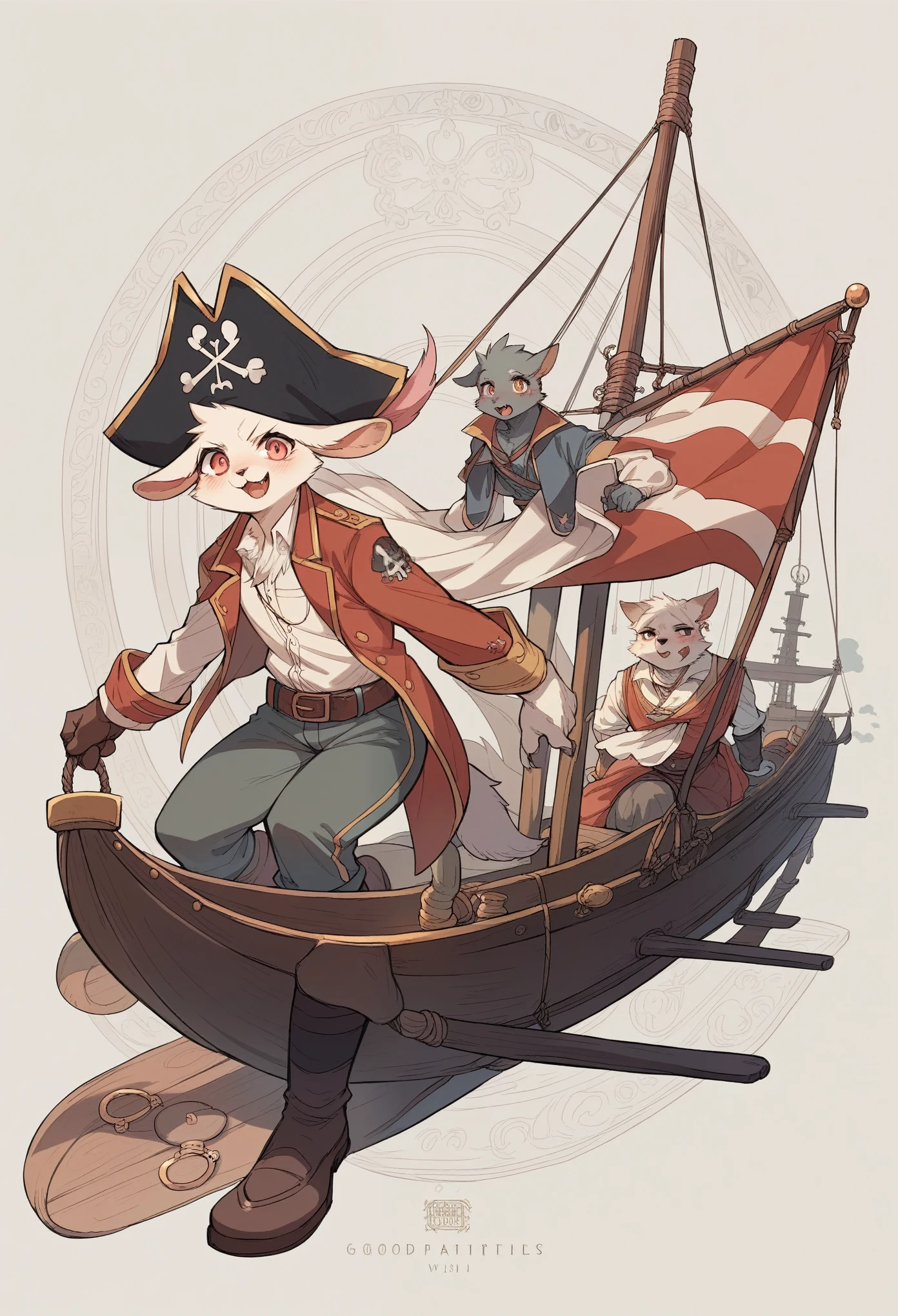 cover page, highres, top quality, best quality, paid reward available, unparalleled masterpiece, perfect artwork, absurdres, High-quality illustrations, super high resolution, detailed background, perfect ???????(kemono, furry anthro, boy, girl)Hospitals with power outages, Spooky creatures, Pirate Ship, a pirate, good lighting, cinematic shadow,