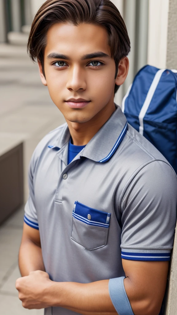 (masterpiece), best quality, expressive eyes, perfect face, anime, (((1guy))), full body, (((brown skin))), brown hair, (((sliver eyes))), (((blue student uniform))), short slicked back hair,