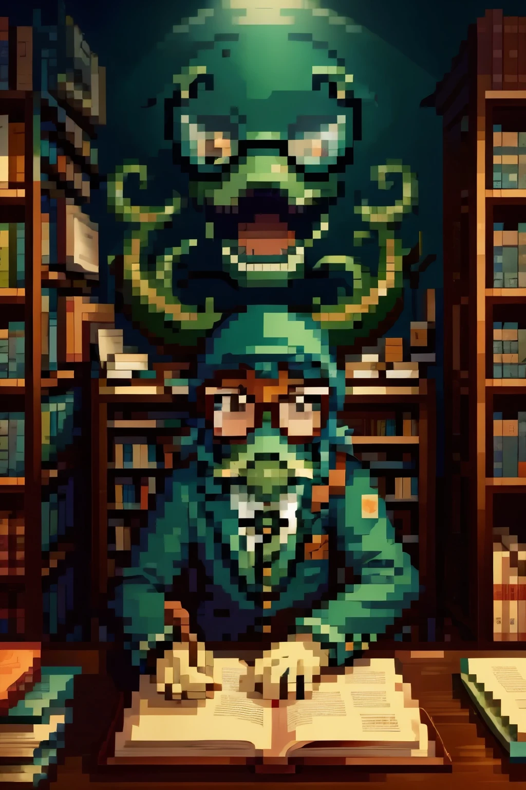 A sea monster wearing glasses, and working at a bookstore 