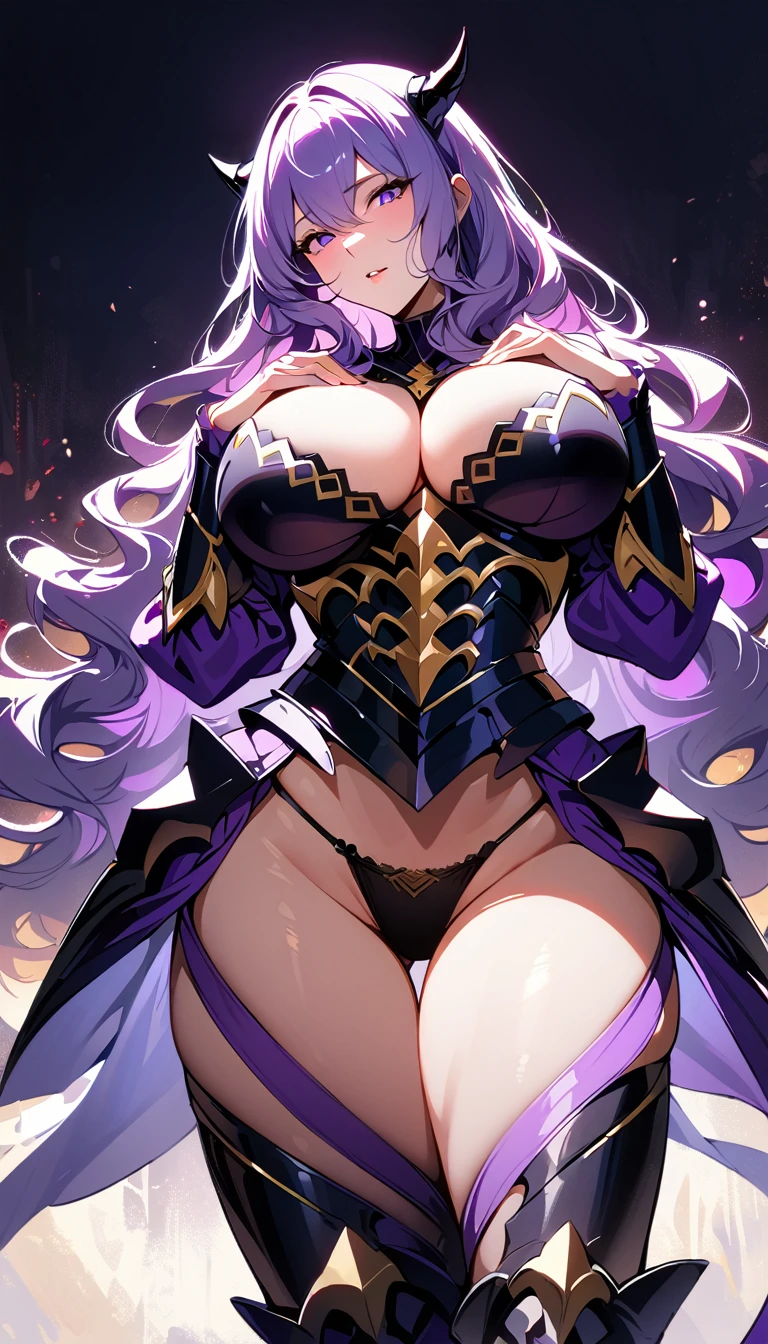 (high quality, 8k, 4K, high contrast, artwork:1.2, high quality, best aesthetics), (dynamic angle), ((1 woman)), erotic, sensual, mature body, super detailed, beautiful face detailed, beautiful eyes detailed, detailed beautiful mouth, sexy body, perfect breats, perfect wide thighs, light purple hair, light purple long wavy hair, purple eyes, seductive facial expression, black loom, black horns, sexy dark purple medieval armor with golden details, cleavage, exposed thighs, black thong panties, exposed panties, dark purple medieval armor boots, standing, erect body posture, looking at the viewer, centered, hands on top of the breasts, perfect hands.