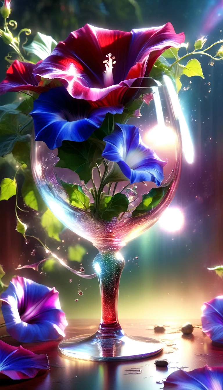 Made by AIS-RCN, 8K Photo, "words, Glass coated, Shiny wine-red morning glory、It jumps out of the light, Transform your thoughts into delicate works of art.", Supple, Side light,