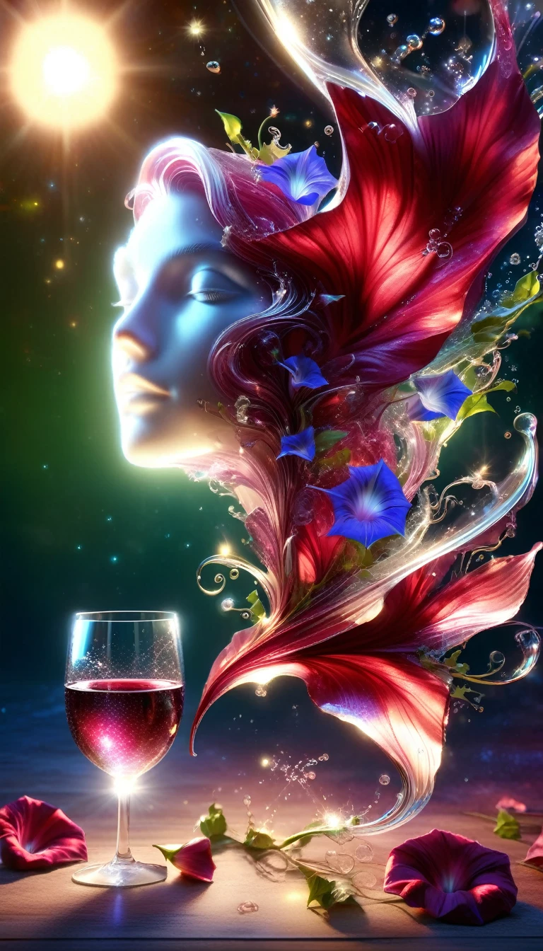 Made by AIS-RCN, 8K Photo, "words, Glass coated, Shiny wine-red morning glory、It jumps out of the light, Transform your thoughts into delicate works of art.", Supple, Side light,