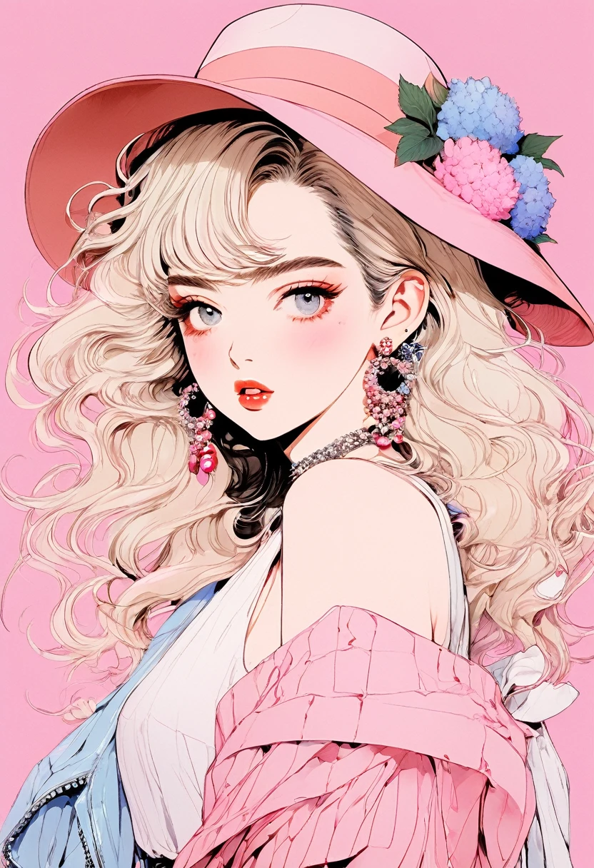 (Highest quality:0.8), (Highest quality:0.8), Perfect illustration,Beautiful woman portrait、One girl, bangs, Black nails, Blonde, Mouth closed, clavicle, ear Earrings, Earrings, Fashion G, hair ornaments, Food, Foodie, Jacket, jewelry, looking at iniewer, Medium Hair, Manicure, necklace, Earrings, short hair, Peony stalk, sleeines past wrists, 一人in, Both sides up, Upper Body, in, Pop Background、Droopy eyes、Celebrity Hat、ぱっつんbangs、summer、Pink gradient background、Hydrangea pattern、紫陽花Earrings、