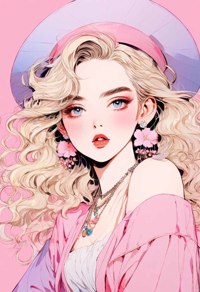 (Highest quality:0.8), (Highest quality:0.8), Perfect illustration,Beautiful woman portrait、One girl, bangs, Black nails, Blonde, Mouth closed, clavicle, ear Earrings, Earrings, Fashion G, hair ornaments, Food, Foodie, Jacket, jewelry, looking at iniewer, Medium Hair, Manicure, necklace, Earrings, short hair, Peony stalk, sleeines past wrists, 一人in, Both sides up, Upper Body, in, Pop Background、Droopy eyes、Celebrity Hat、ぱっつんbangs、summer、Pink gradient background、Hydrangea pattern、紫陽花Earrings、