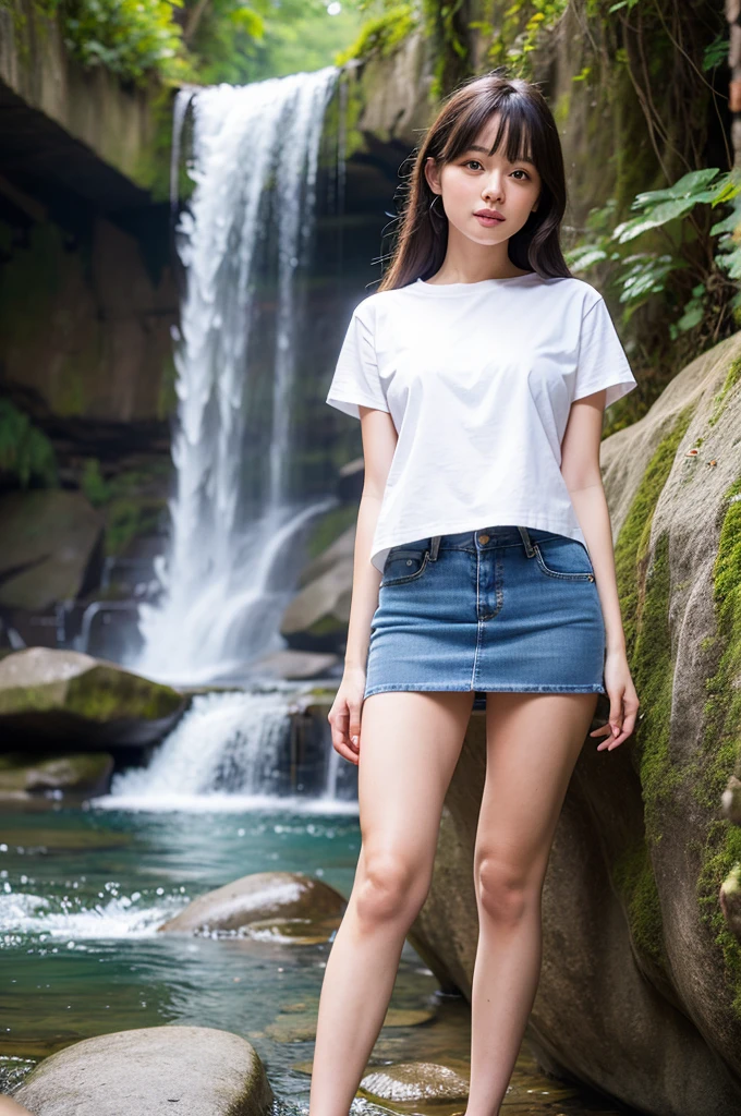 Realistic beautiful girl in white t-shirt and jeans mini skirt near a waterfall